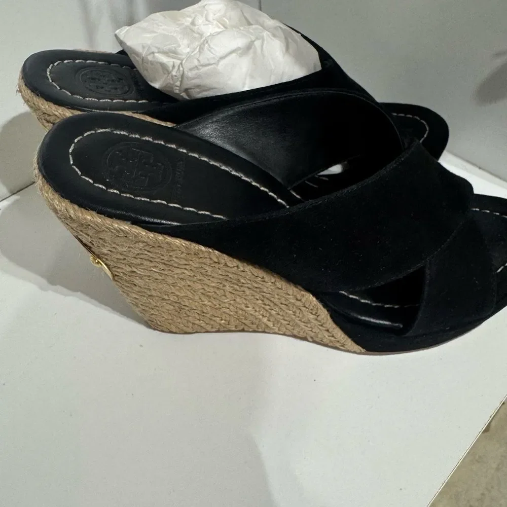 Tory Burch Black and Tan Espadrille Wedges